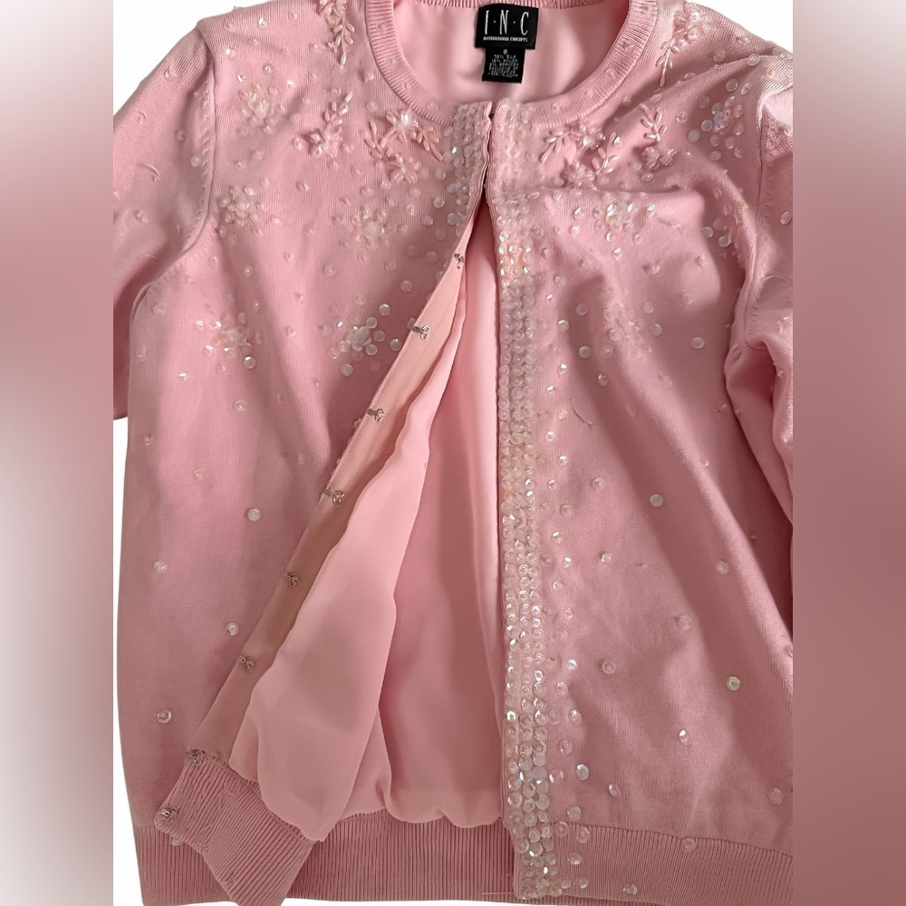INC International Concepts Silk Blend Pink Sequin Beaded Cardigan Women’s Size S - Picture 8 of 13